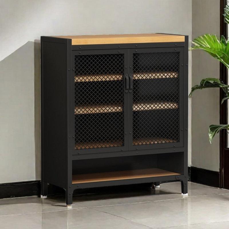 Siyah Demir ve Çam Ağacı Endüstriyel Tasarım Loker Tipi 12 Çift Kapasiteli Ayakkabılık - 80x33x98 cm - 230330