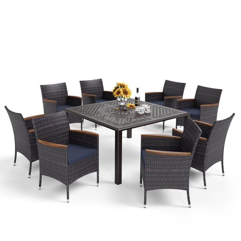 Siyah Dökme Alüminyum ve Kahverengi Rattan 8 Kişilik Minderli Kare Bahçe Masa Takımı - 136x136 cm - 213309