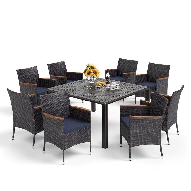 Siyah Dökme Alüminyum ve Kahverengi Rattan 8 Kişilik Minderli Kare Bahçe Masa Takımı - 136x136 cm - 213309