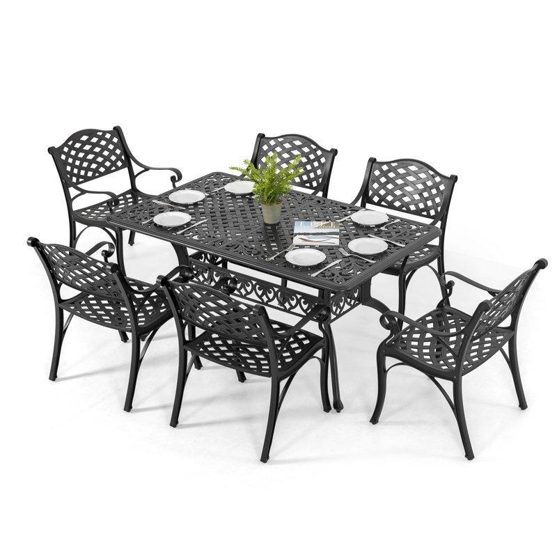 Siyah Döküm Alüminyum Şemsiye Delikli Dikdörtgen 6 Kişilik Bahçe Masa Takımı - 151x90 cm - 214850