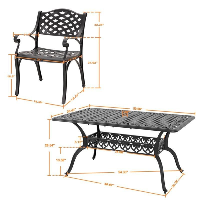 Siyah Döküm Alüminyum Şemsiye Delikli Dikdörtgen 6 Kişilik Bahçe Masa Takımı - 151x90 cm - 214850