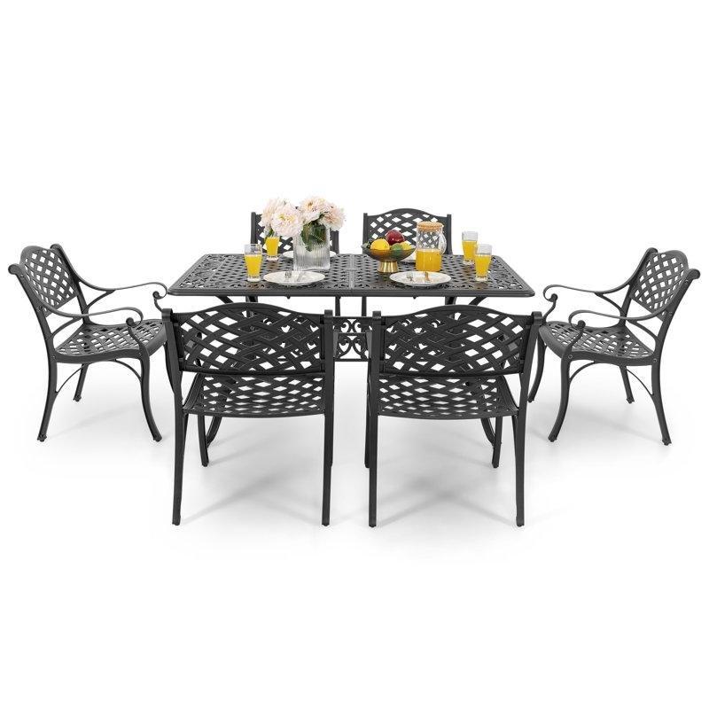 Siyah Döküm Alüminyum Şemsiye Delikli Dikdörtgen 6 Kişilik Bahçe Masa Takımı - 151x90 cm - 214850