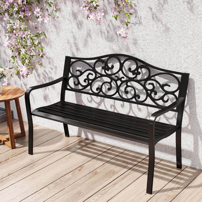 Siyah Döküm Demir Çiçek Desenli Ergonomik Bahçe Bankı - 127 cm - 172502