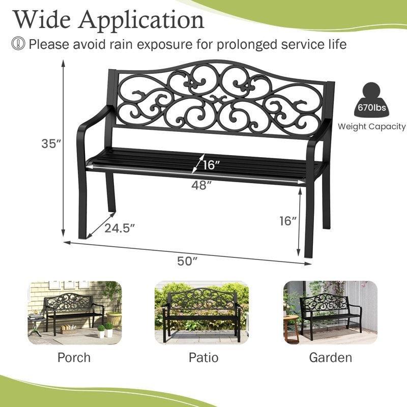 Siyah Döküm Demir Çiçek Desenli Ergonomik Bahçe Bankı - 127 cm - 172502