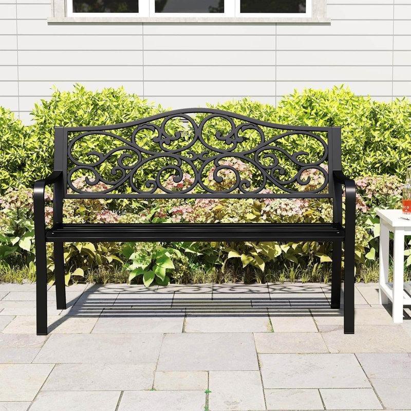 Siyah Döküm Demir Çiçek Desenli Ergonomik Bahçe Bankı - 127 cm - 172502
