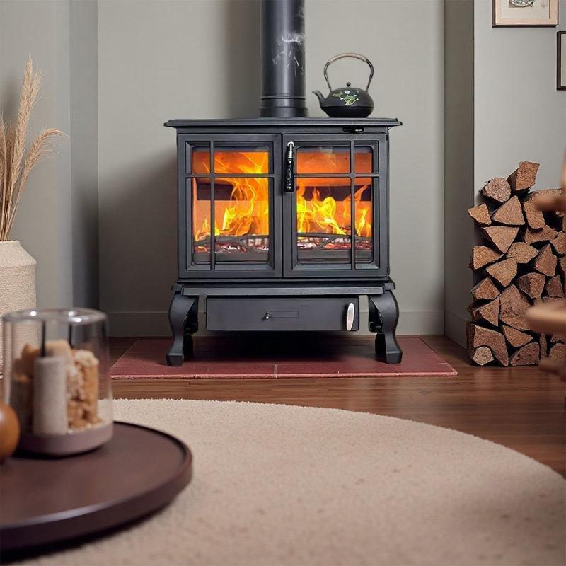 Siyah Döküm Demir Üç Camlı Odunlu Şömine Soba - 71x51x77 cm - 188996