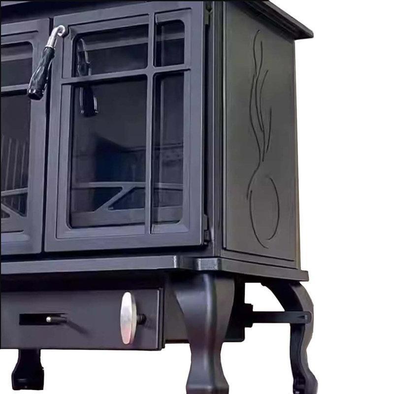 Siyah Döküm Demir Üç Camlı Odunlu Şömine Soba - 71x51x77 cm - 188996