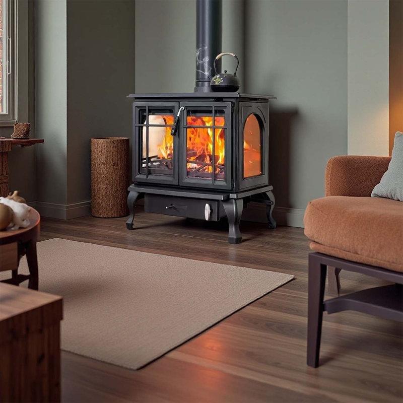 Siyah Döküm Demir Üç Camlı Odunlu Şömine Soba - 71x51x77 cm - 188996