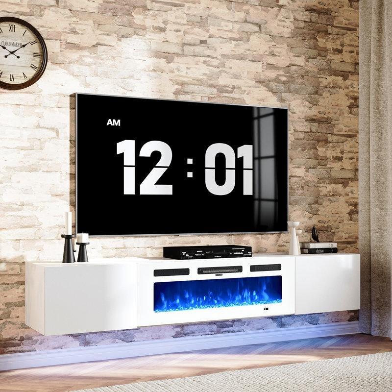 Siyah Duvara Monte Aynalı ve LED Aydınlatmalı Elektrikli Şömineli TV Ünitesi - 178 cm - 220679