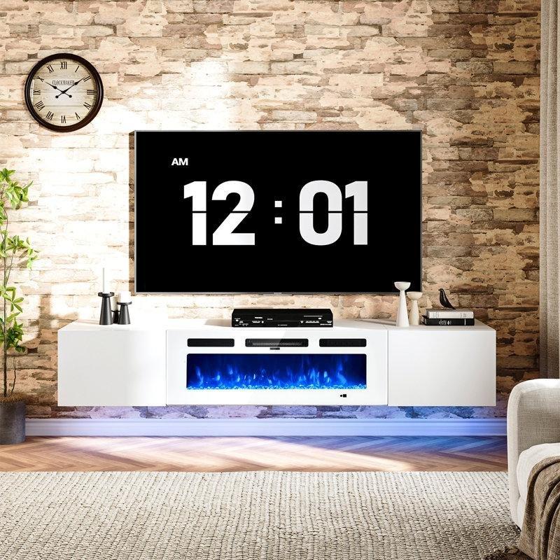 Siyah Duvara Monte Aynalı ve LED Aydınlatmalı Elektrikli Şömineli TV Ünitesi - 178 cm - 220679