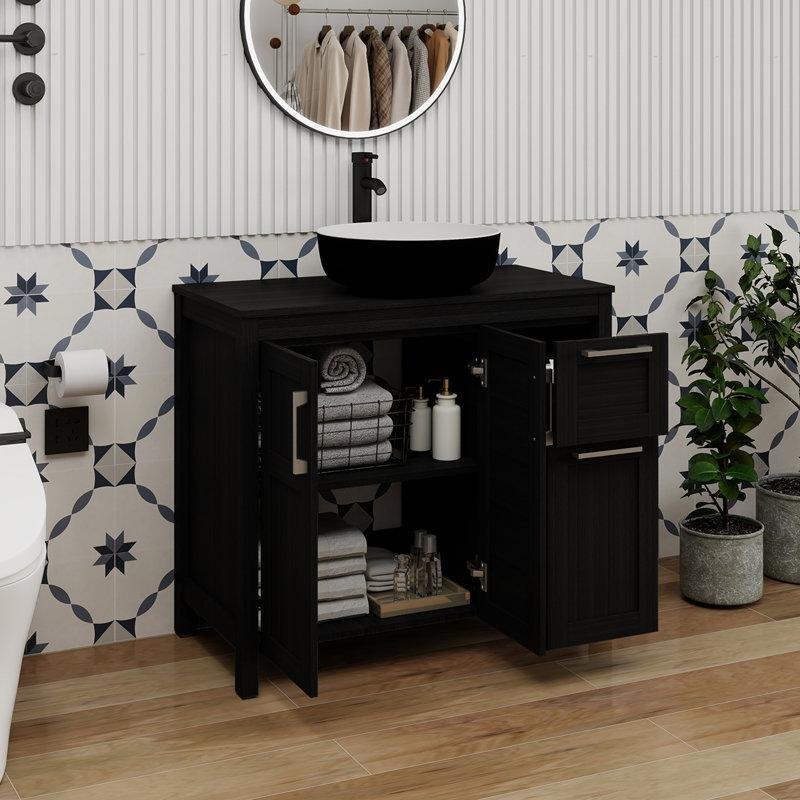 Siyah Endüstriyel Ahşap Ayaklı Çekmeceli Yavaş Kapanır Çanak Lavabolu Banyo Dolabı - 91 cm - 200097