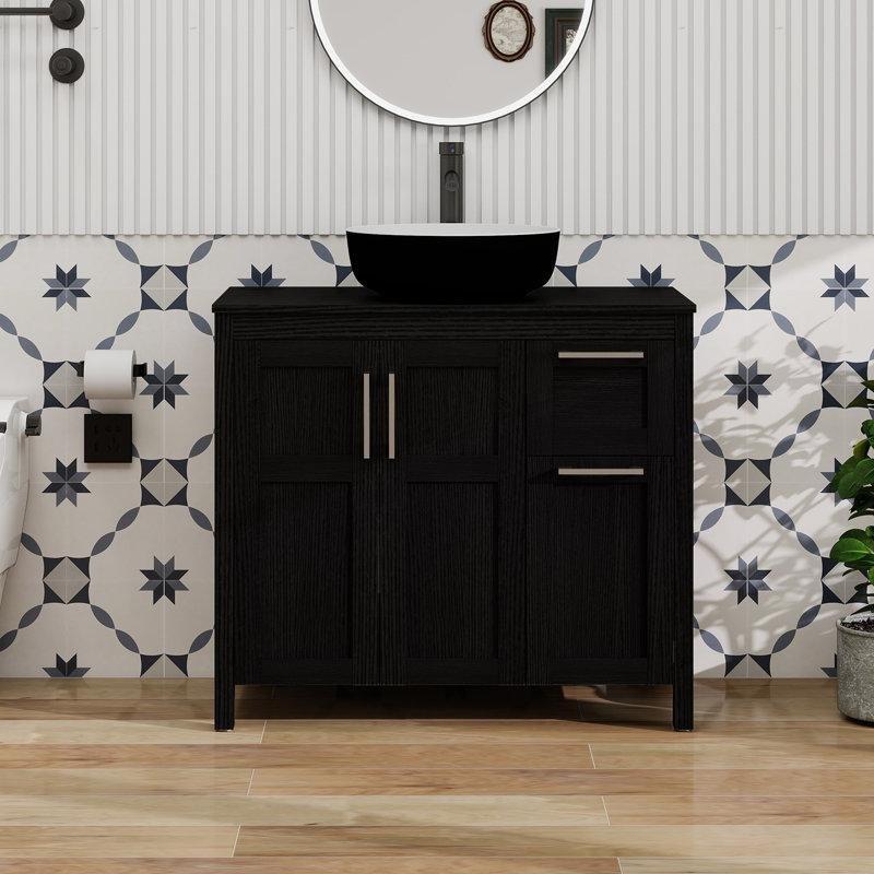 Siyah Endüstriyel Ahşap Ayaklı Çekmeceli Yavaş Kapanır Çanak Lavabolu Banyo Dolabı - 91 cm - 200097