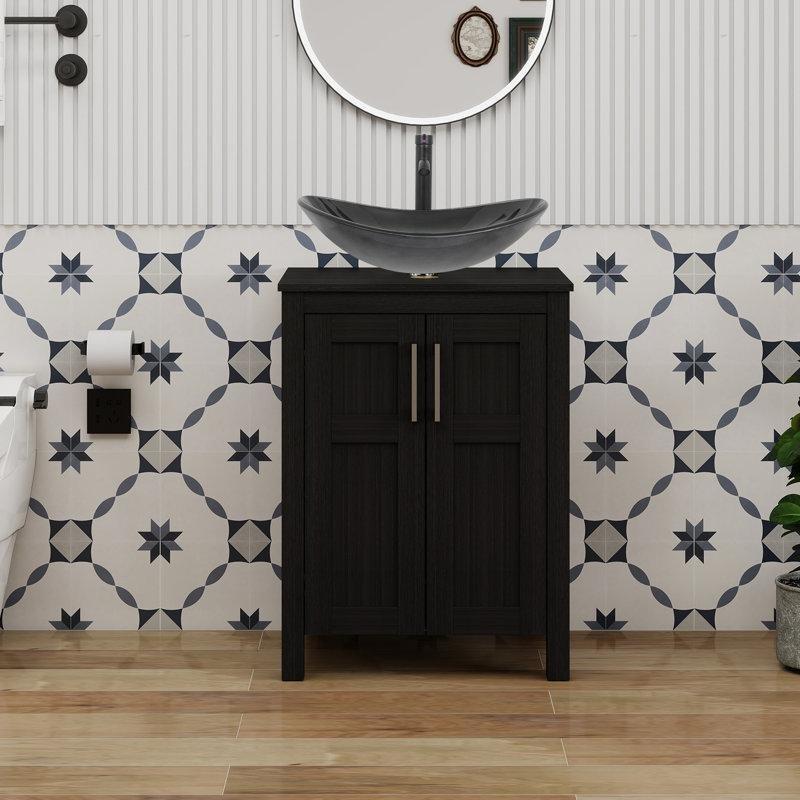 Siyah Endüstriyel Ahşap Ayaklı Çift Kapaklı Raflı Cam Lavabolu Banyo Dolabı - 61 cm - 201894