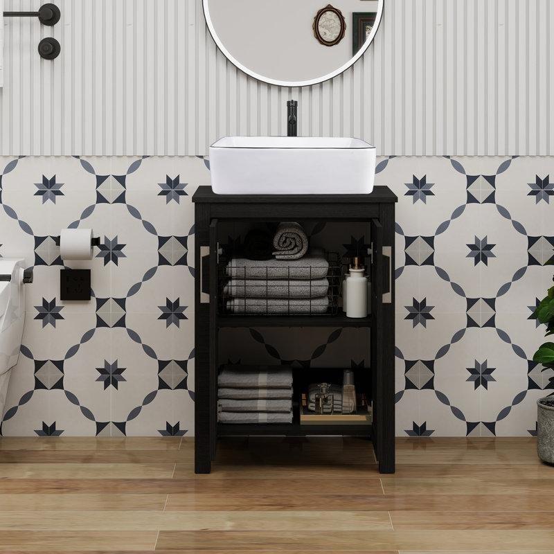 Siyah Endüstriyel Ahşap Ayaklı ve Bataryalı Banyo Lavabo Dolabı - 61 cm - 201739