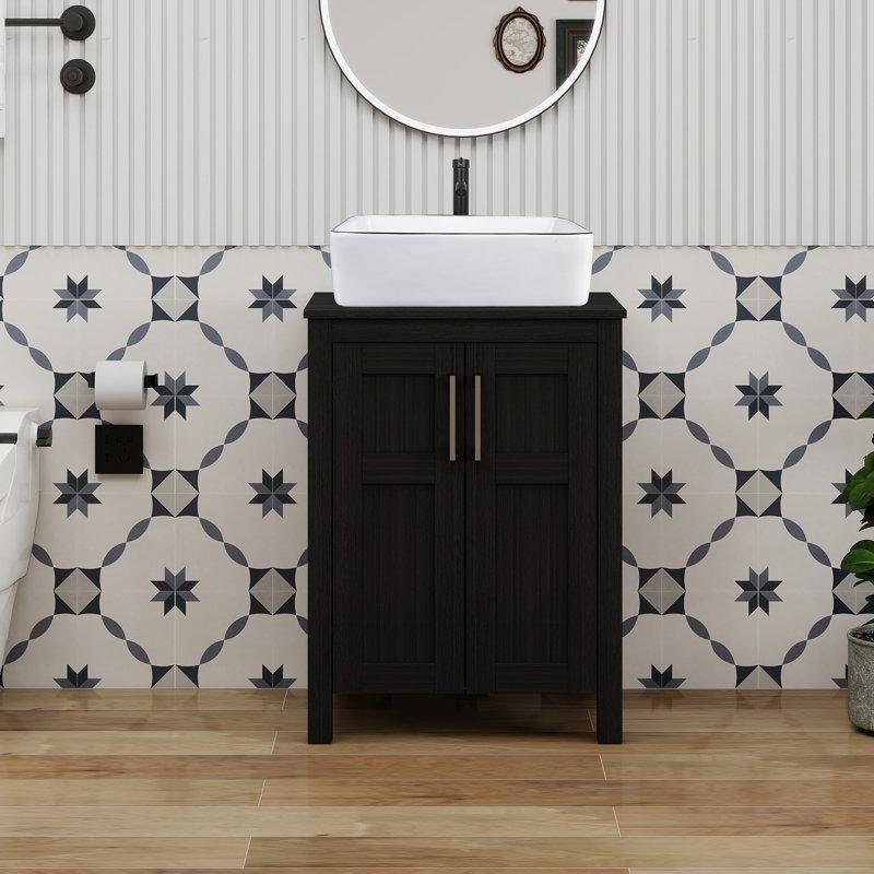 Siyah Endüstriyel Ahşap Ayaklı ve Bataryalı Banyo Lavabo Dolabı - 61 cm - 201739