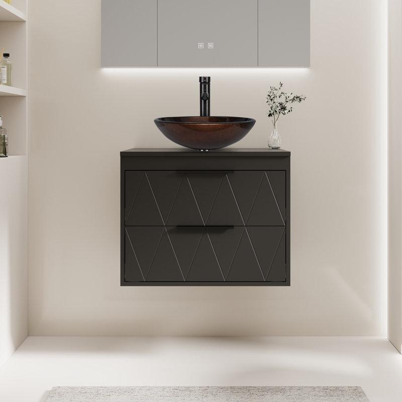 Siyah Endüstriyel Ahşap Çanak Lavabolu Duvara Monte Banyo Dolabı - 61 cm - 199397