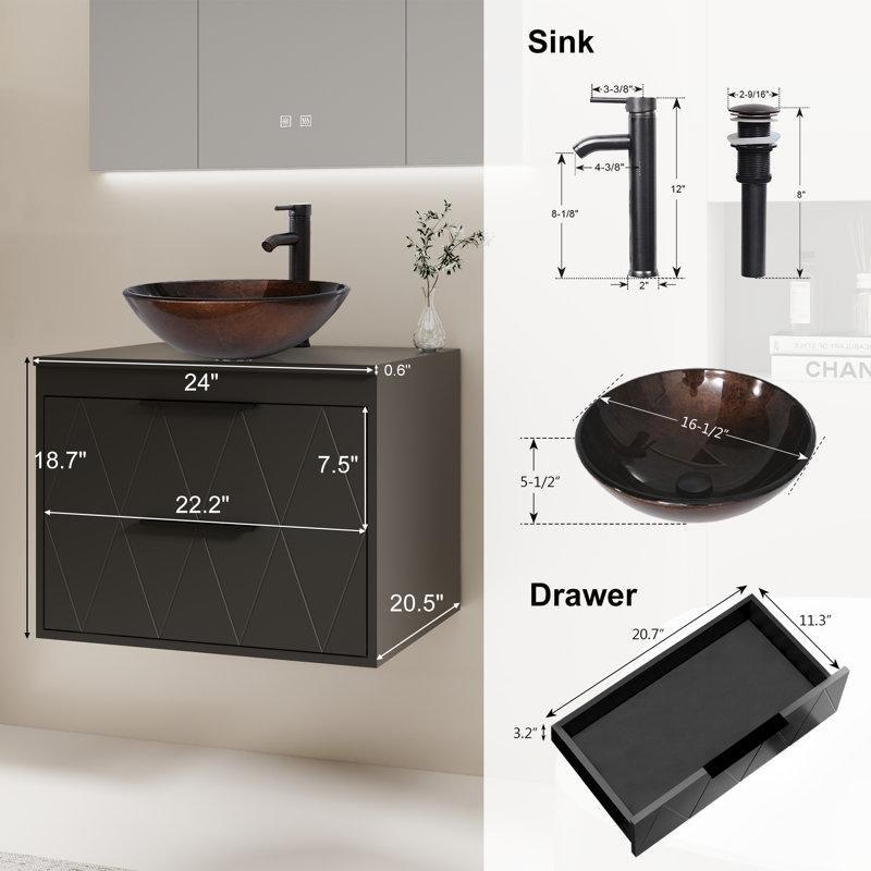 Siyah Endüstriyel Ahşap Çanak Lavabolu Duvara Monte Banyo Dolabı - 61 cm - 199397