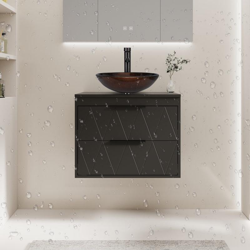 Siyah Endüstriyel Ahşap Çanak Lavabolu Duvara Monte Banyo Dolabı - 61 cm - 199397