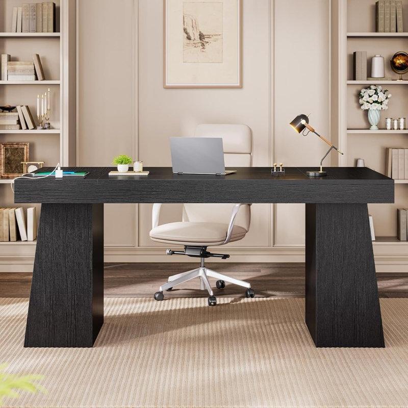 Siyah Endüstriyel Ahşap Dahili Prizli ve USB Portlu Dolaplı Ofis Masası - 142 cm - 177009