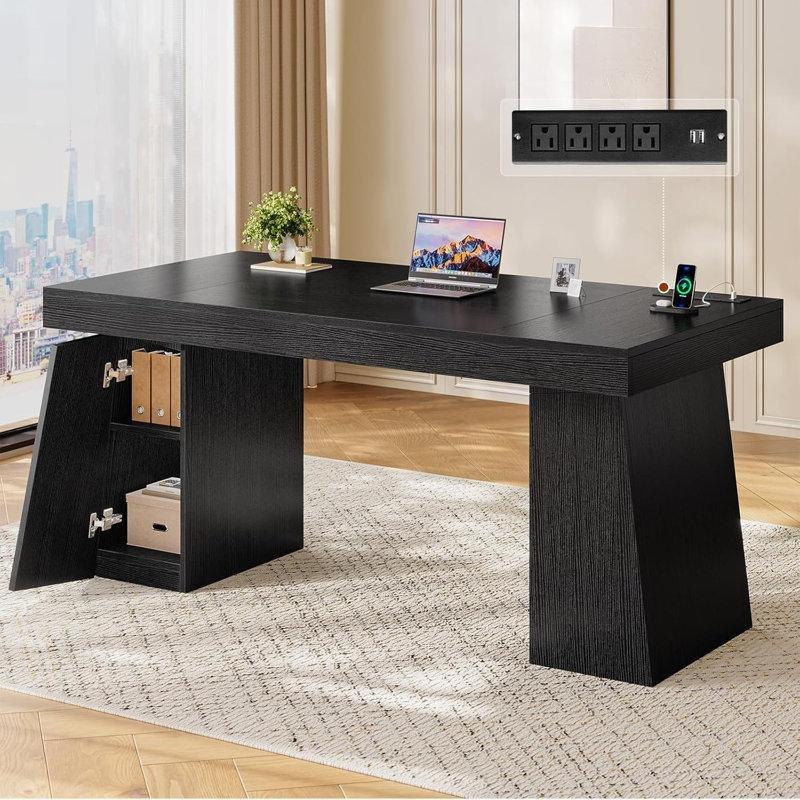 Siyah Endüstriyel Ahşap Dahili Prizli ve USB Portlu Dolaplı Ofis Masası - 142 cm - 177009
