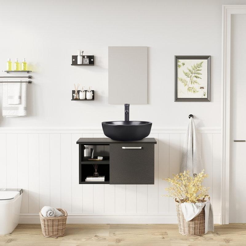 Siyah Endüstriyel Ahşap Duvara Monte Aynalı Çanak Lavabolu Banyo Dolabı Seti - 72 cm - 200685