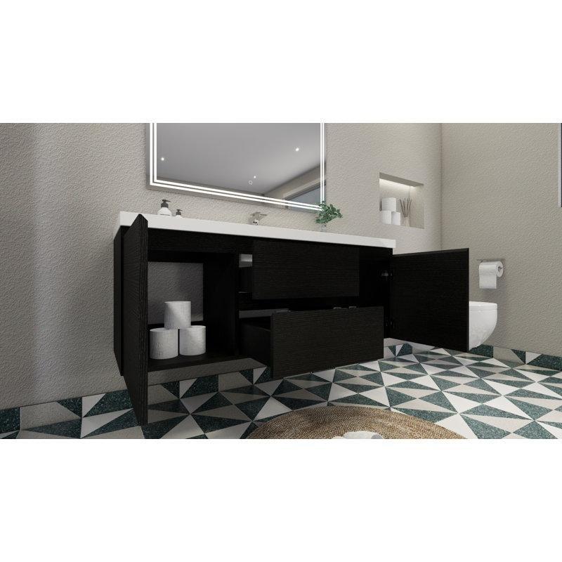 Siyah Endüstriyel Ahşap Duvara Monte Çekmeceli Banyo Lavabo Dolabı - 152 cm - 199555