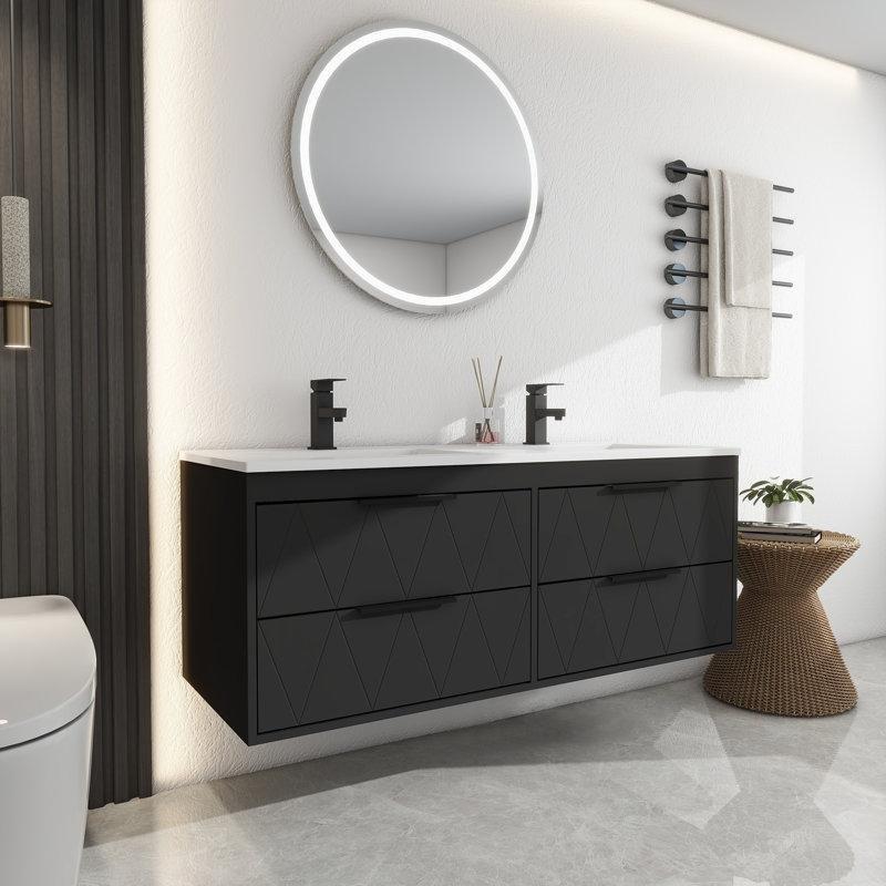 Siyah Endüstriyel Ahşap Duvara Monte Çekmeceli Çift Lavabolu Banyo Dolabı Beyaz Reçine Tezgahlı - 122 cm - 197860