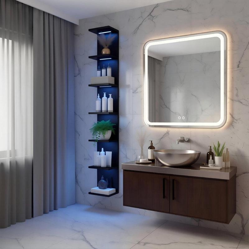 Siyah Endüstriyel Ahşap RGB Aydınlatmalı 7 Raflı Duvar Rafı - 151 cm - 180224