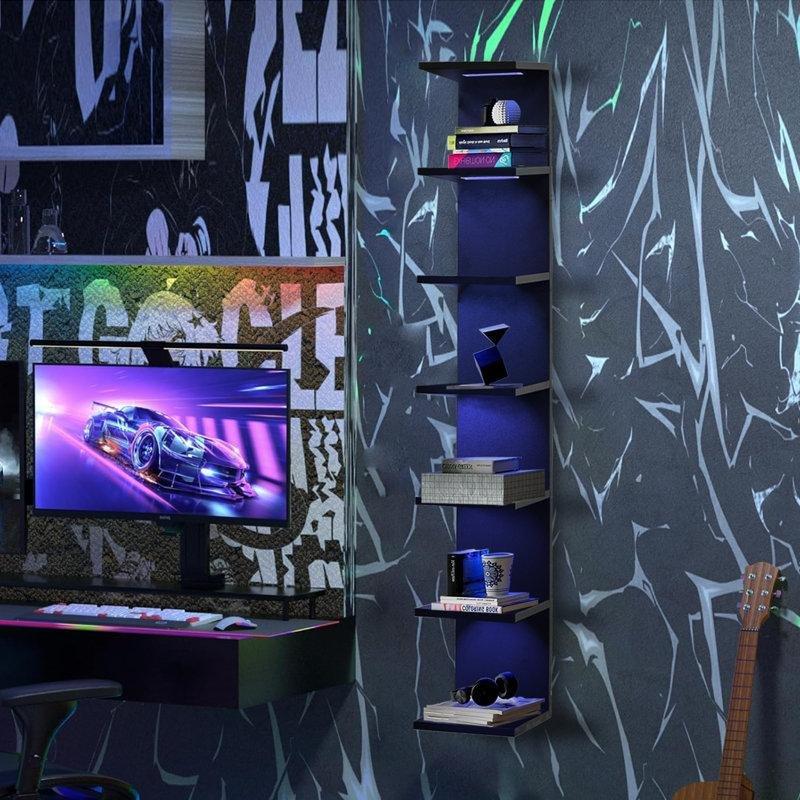 Siyah Endüstriyel Ahşap RGB Aydınlatmalı 7 Raflı Duvar Rafı - 151 cm - 180224