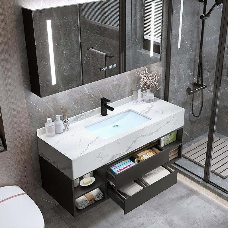 Siyah Endüstriyel Ahşap Suni Mermer Tezgahlı Gold Kulplu Duvara Monte Banyo Lavabo Dolabı - 101 cm - 197824