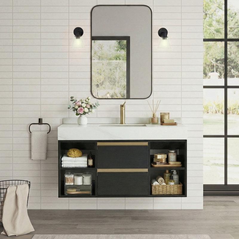 Siyah Endüstriyel Ahşap Suni Mermer Tezgahlı Gold Kulplu Duvara Monte Banyo Lavabo Dolabı - 101 cm - 197824