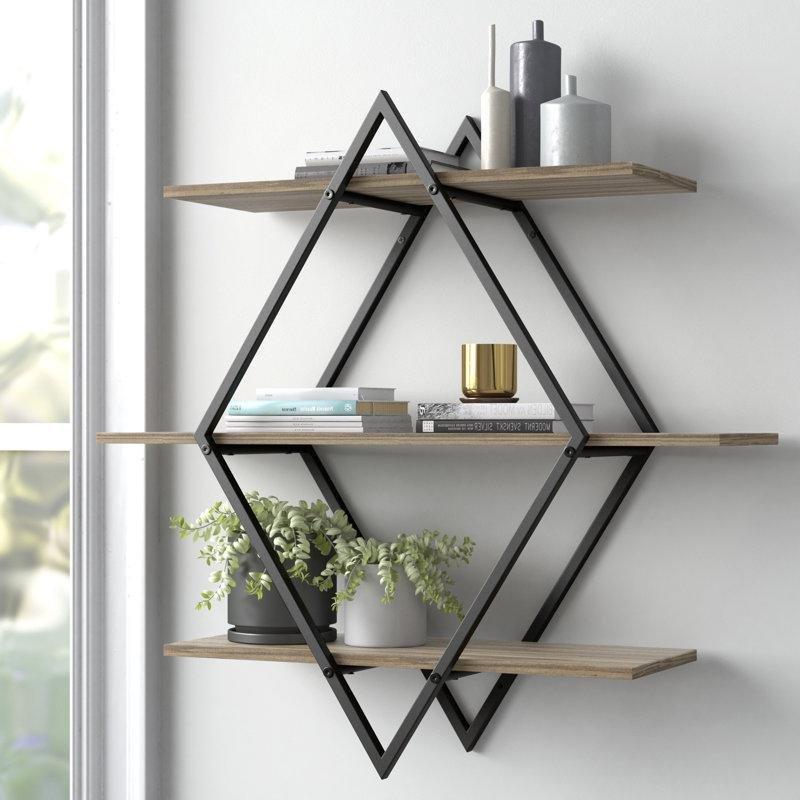 Siyah Eskitme Endüstriyel Ahşap 3 Katlı Elmas Tasarım Duvar Rafı - 81x81 cm - 180540