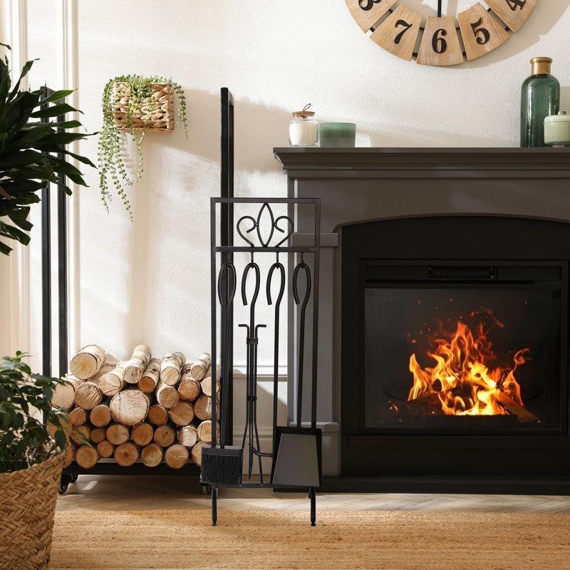 Siyah Ferforje Metal Standlı 5 Parça Şömine Maşa Takımı - 74 cm - 188364