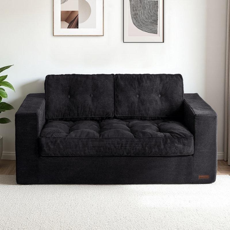 Siyah Fitilli Kadife Kapitone Detaylı İkili Koltuk - 148 cm - 207980