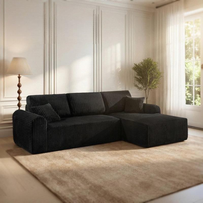 Siyah Fitilli Kadife Kumaş Modüler Kurulum Gerektirmeyen L Köşe Koltuk Takımı - 277x177 cm - 194690