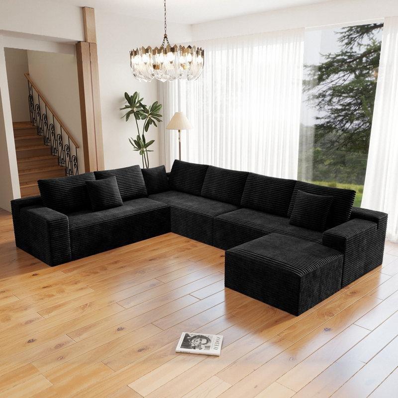 Siyah Fitilli Kadife Modüler 7 Kişilik U Köşe Koltuk Takımı - 351 cm - 195262
