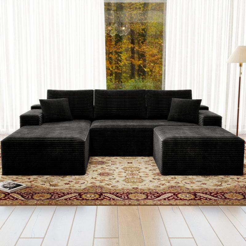 Siyah Fitilli Kadife Modüler U Şeklinde İskeletsiz Köşe Koltuk - 265x181 cm - 193658