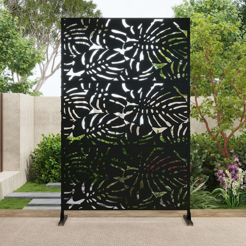 Siyah Galvanizli Çelik 3 Panelli Dekoratif Desenli Ayaklı Bahçe Paravanı - 120x190 cm - 173269
