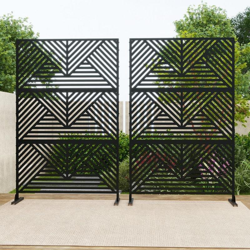 Siyah Galvanizli Çelik Dekoratif Desenli Ayaklı 2li Set Bahçe Paravanı - 190x120 cm - 172982