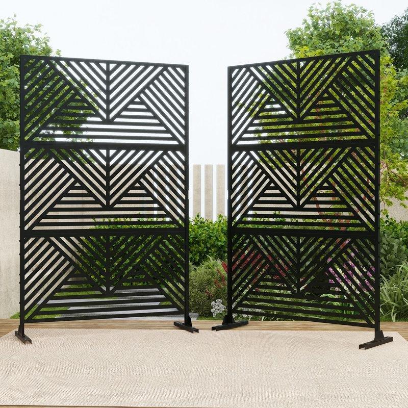 Siyah Galvanizli Çelik Dekoratif Desenli Ayaklı 2li Set Bahçe Paravanı - 190x120 cm - 172982