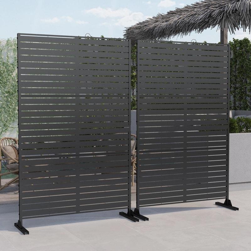 Siyah Galvanizli Çelik Lazer Kesim Çizgili Desenli 2li Set Bahçe Paravanı - 191x120 cm - 172884