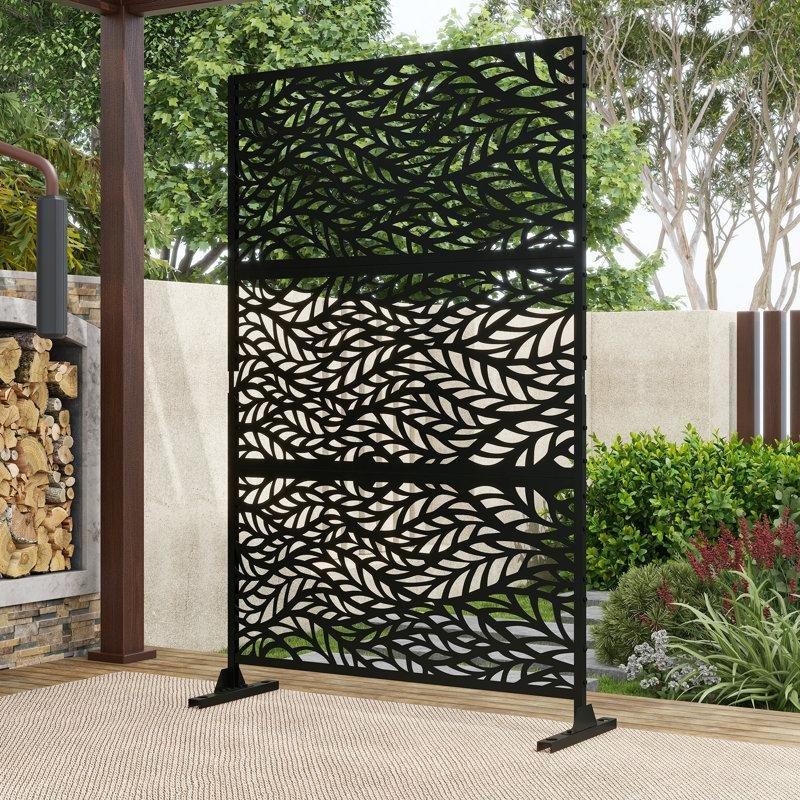 Siyah Galvanizli Çelik Yaprak Desenli Lazer Kesim Ayaklı Bahçe Paravanı - 190x120 cm - 173063