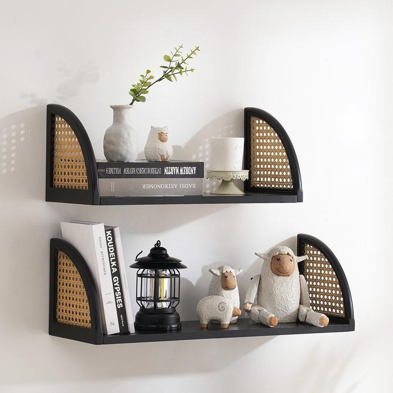 Siyah Göknar Ağacı Rattan Detaylı İkili Duvar Rafı Seti - 63 cm - 179337