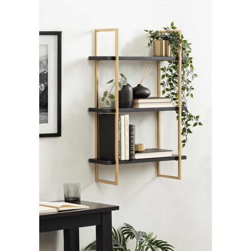 Siyah Gold Masif Ahşap 3 Raflı Duvar Rafı - 77x51 cm - 180156