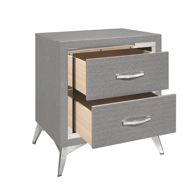 Siyah Gri Masif ve MDF Ahşap İki Çekmeceli Gümüş Rengi Ayaklı Komodin - 55x42 cm - 222653