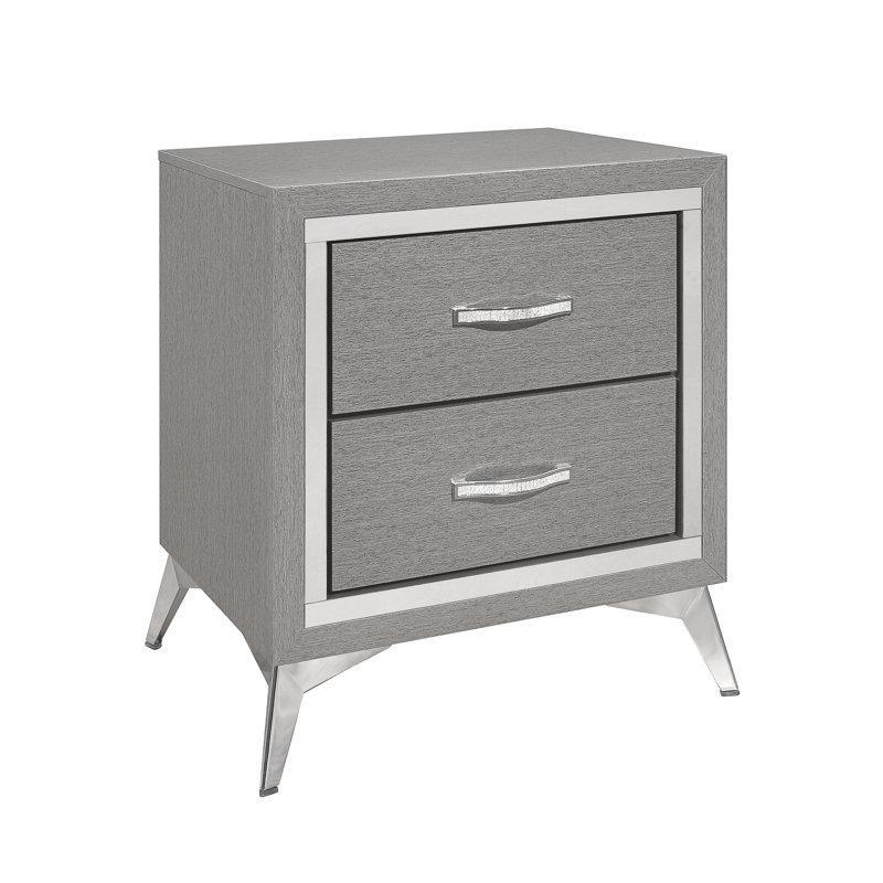 Siyah Gri Masif ve MDF Ahşap İki Çekmeceli Gümüş Rengi Ayaklı Komodin - 55x42 cm - 222653