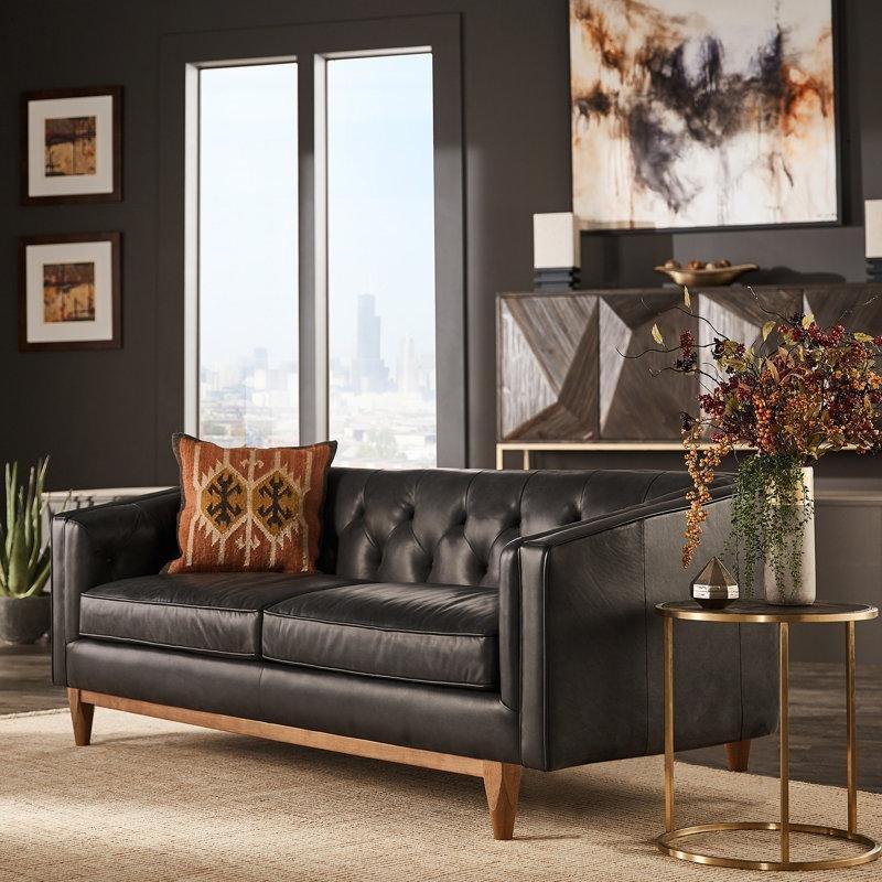 Siyah Hakiki Deri Ahşap Ayaklı Kapitoneli Koltuk - 206 cm - 196116