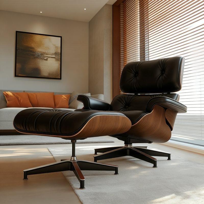 Siyah Hakiki Deri Ceviz Döner Puf Dahil Tekli Koltuk - 202357