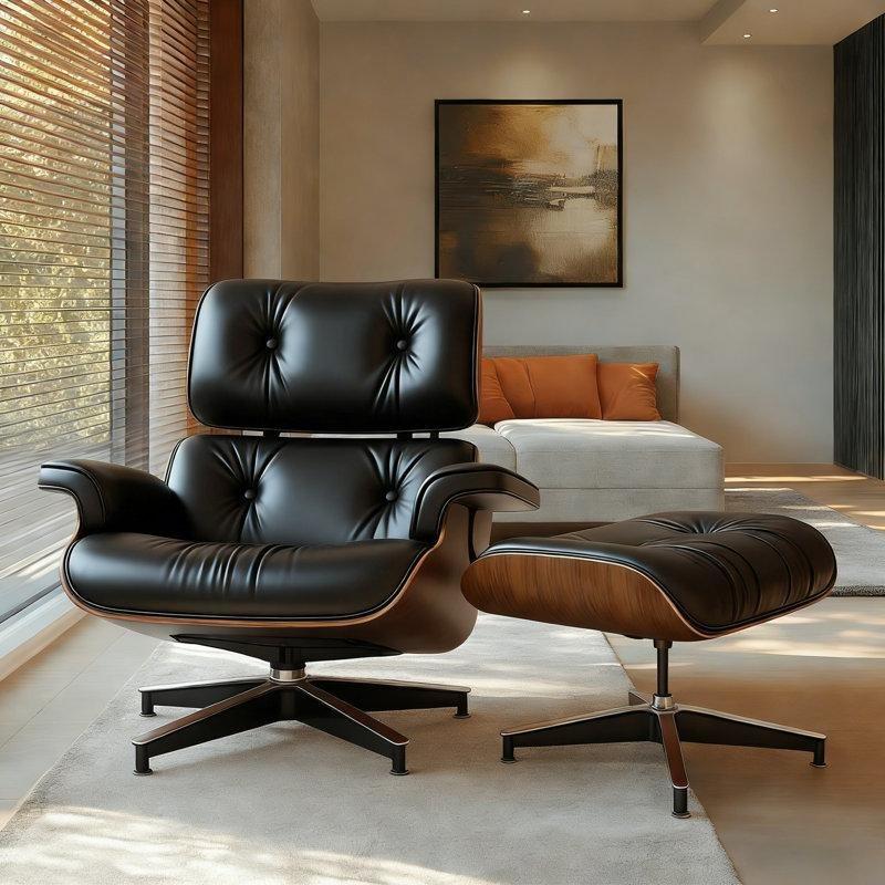 Siyah Hakiki Deri Ceviz Döner Puf Dahil Tekli Koltuk - 202357