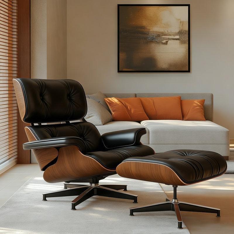 Siyah Hakiki Deri Ceviz Döner Puf Dahil Tekli Koltuk - 202357